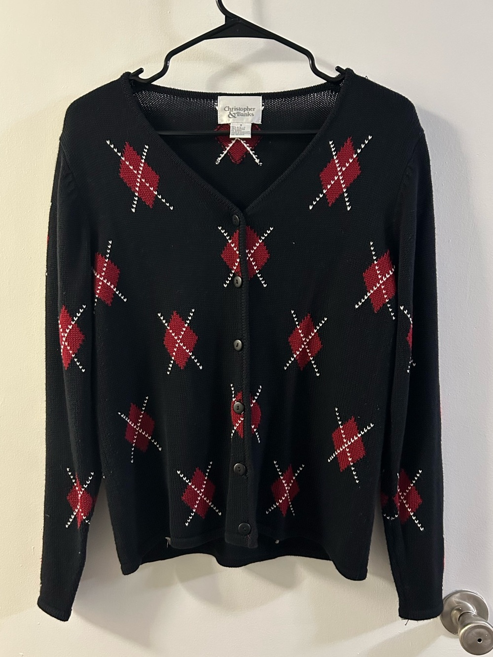 Christopher & Banks Black Cardigan with Red Argyle Print Vintage